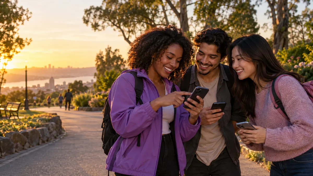 Generated concept: friends discover together with phones in a park