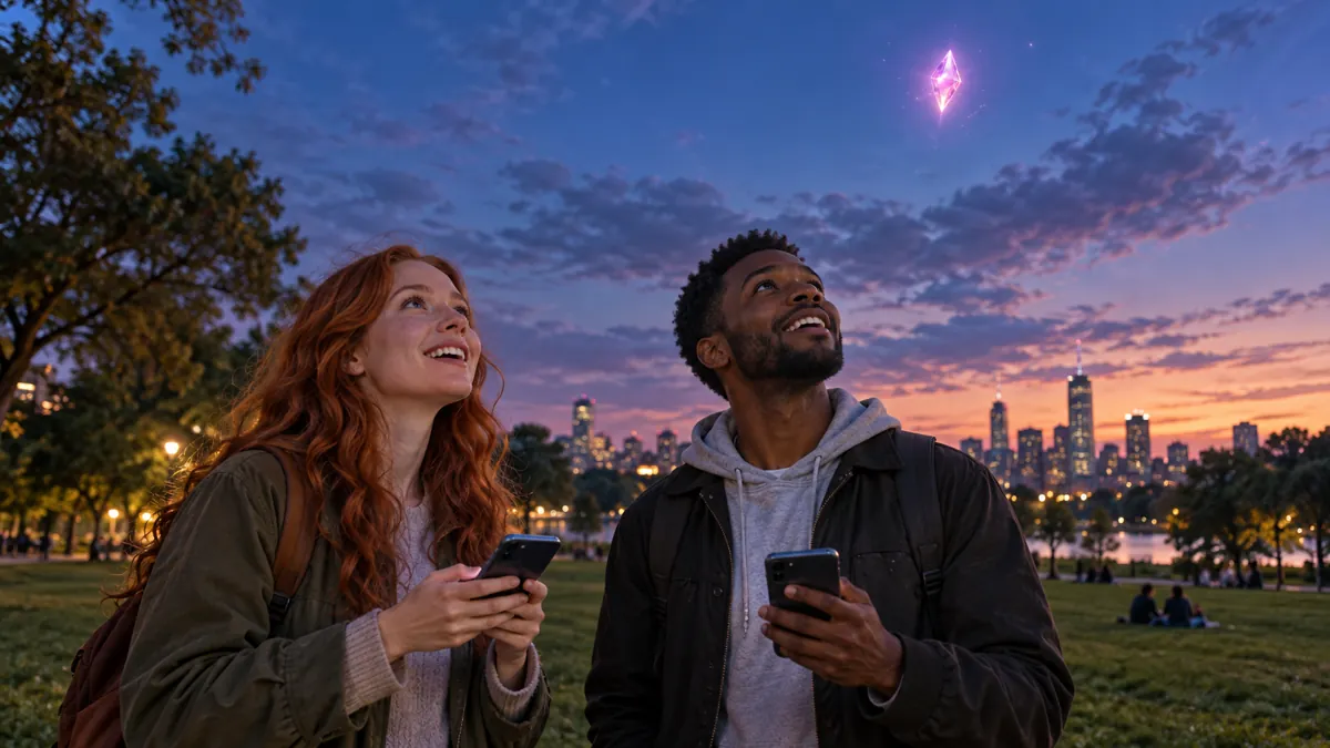 Generated concept: two friends discover a fictional AR sky drop