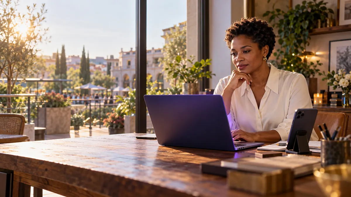 Generated concept: a venue operator plans a campaign at a laptop