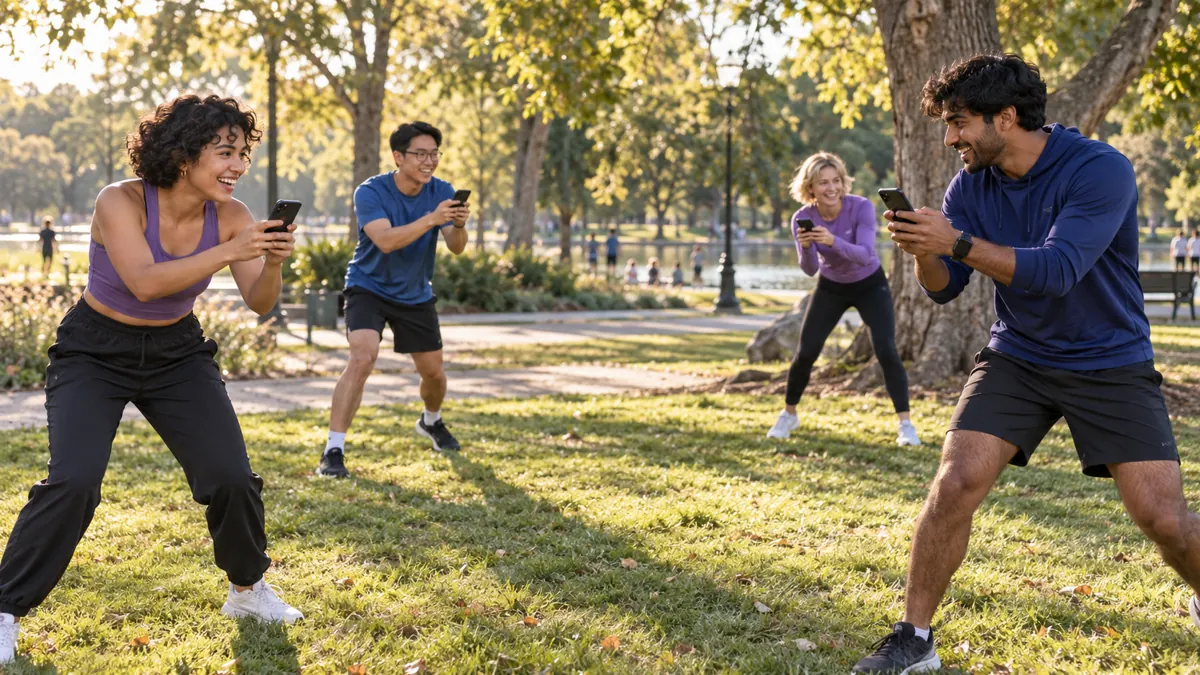 Generated concept: four friends play a phone-assisted team challenge in a park
